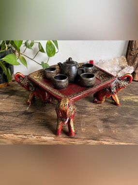 RARE Vintage Thai 4 Elephant Pedestal Tray Red Gold Spiritual Altar Tea Jewelry